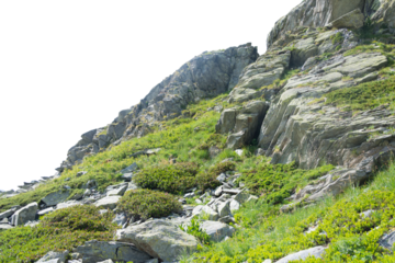 Isolated PNG cutout of a mountain in summer in the Alps on a transparent background, ideal for photobashing, matte-painting, concept art