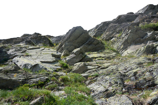 Isolated PNG cutout of a mountain in summer in the Alps on a transparent background, ideal for photobashing, matte-painting, concept art