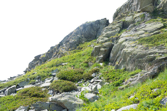 Isolated PNG cutout of a mountain in summer in the Alps on a transparent background, ideal for photobashing, matte-painting, concept art