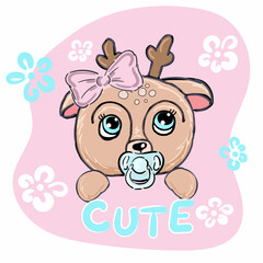 Hand drawn cute baby deer girl. Childish illustration. Print design for kids t-shirt and clothes. Cartoon animal style. Vector sketch.