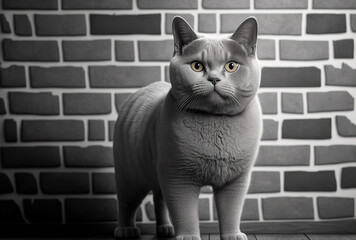 Cute British shorthair cat with a monochromatic wall in the background. Generative AI