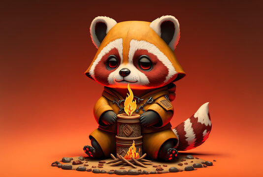 Campfire compass, an adorable red panda figure in a cartoon design, and a yellow backdrop. Generative AI