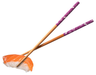 chopsticks holding a piece of sushi