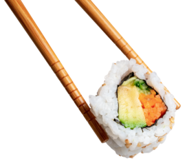 chopsticks holding a piece of sushi California