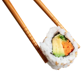 Foto auf Acrylglas Sushi-bar chopsticks holding a piece of sushi California