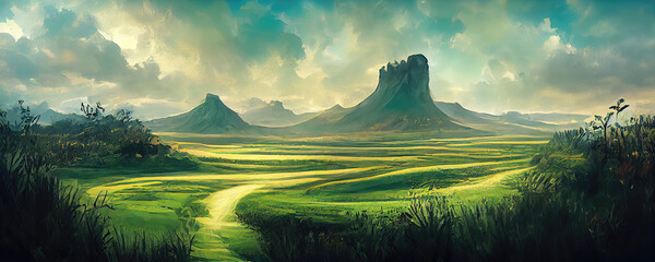 Magical landscape illustration with green fields and mountains (Generative AI)