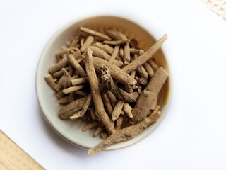 Organic Ashwagandha (Withania somnifera) roots.  Also known as Indian Ginseng or Indian Winter cherry. A well known ayrvedic herb, India.