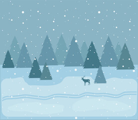 Vector winter landscape with snowfall and deer. Beautiful background for your seasonal and Christmas design.