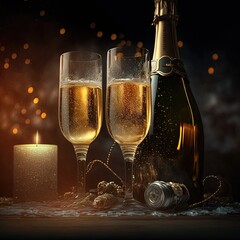 Christmas and New Year celebration with champagne. New Year holiday decorated table. Two Champagne Glasses, AI Generative