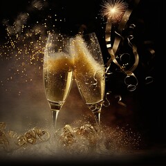 Christmas and New Year celebration with champagne. New Year holiday decorated table. Two Champagne Glasses, AI Generative