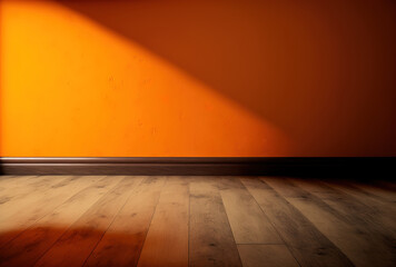 a wooden floor with a background of an orange wall. Generative AI