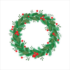 Christmas wreath of holly with red berries and pine branches on an isolated white background. 