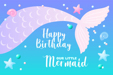 Under the sea baby shower backdrop. Birthday party background with mermaid tails on a blue gradient background. Vector illustration 10 EPS.