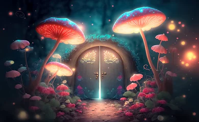 Crédence de cuisine en verre imprimé Forêt des fées Fantasy enchanted fairy tale forest with magical opening secret door and mystical shine light outside the gate, mushrooms, and fairytale butterflies 