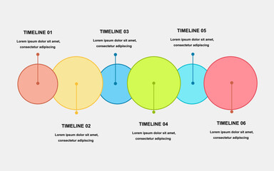 Process diagram with six intersected colorful translucent round elements for business, presentations, web design.