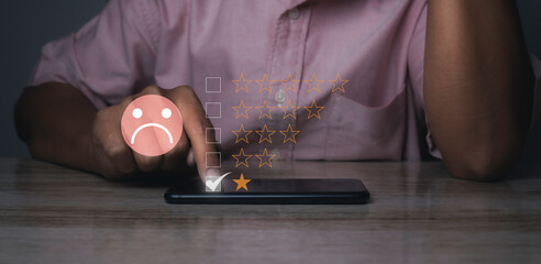Unhappy man Client with sadness emotion face on mobile phone, bad review.