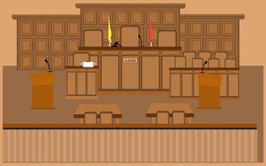 Court Room Interior with Judge or Jury Table, Flag and Wooden Judge's Hammer, justice room