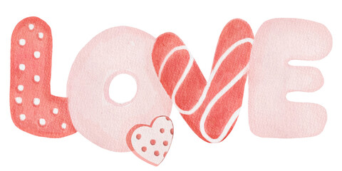 Love lettering,pink red collor,heart shape cookie.WValentine’s day atercolour illustration clipart,png.