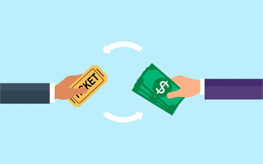 Payment for ticket, buying ticket concept. movie ticket in hand man in exchange for money.