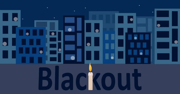 Blackout city animation. Inscription blackout with candle on dark background. 4K
