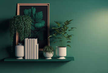 Mockup of an interior wall with a shelf, a green wall, and a green plant. Generative AI