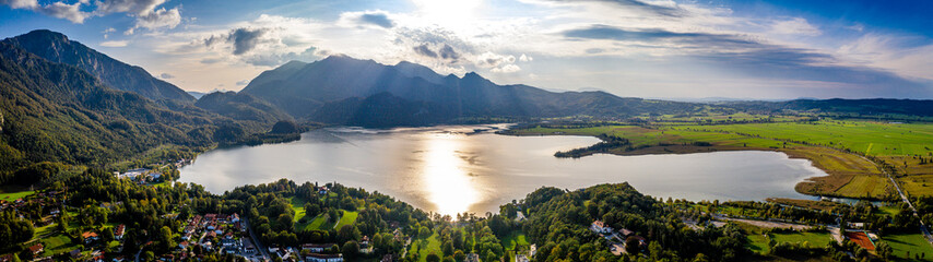 Kochelsee lake beautiful alps panorama in bavaria. Scenic Drone shot