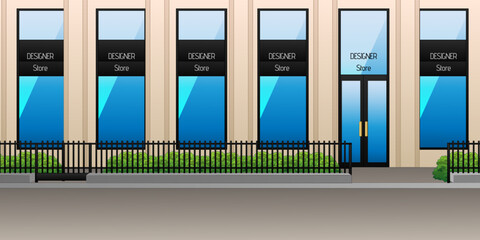 Designer Store Background Scene with Storefront and Sidewalk. Vector Illustration