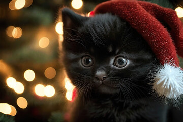 Cute little black kitten in a red Christmas hat, Christmas tree and lights background, AI generated image
