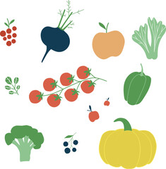 Set with hand drawn colorful doodle fruits and vegetables. Hand drawn red, orange and green fruits, berries, vegetables. Vector collection. Sketch style. Flat icons berries, carrot, onion, tomato.