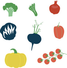 Set with hand drawn colorful doodle fruits and vegetables. Hand drawn red, orange and green fruits, berries, vegetables. Vector collection. Sketch style. Flat icons berries, carrot, onion, tomato.