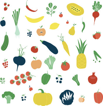 Set with hand drawn colorful doodle fruits and vegetables. Hand drawn red, orange and green fruits, berries, vegetables. Vector collection. Sketch style. Flat icons berries, carrot, onion, tomato.