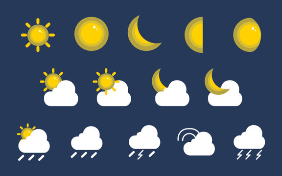 Weather report forecast icons set flat vector symbols on dark background.