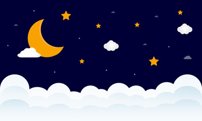 Obraz na płótnie Canvas Sweet dreams. Crescent moon, clouds and stars on night background. Vector illustration.