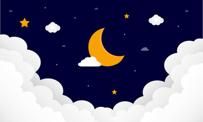 Obraz na płótnie Canvas Sweet dreams. Crescent moon, clouds and stars on night background. Vector illustration.