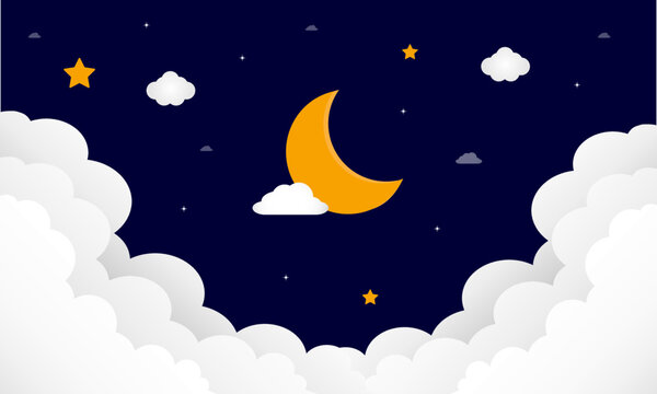 Sweet dreams. Crescent moon, clouds and stars on night background. Vector illustration.