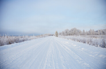 Fototapeta na wymiar Winter landscape with snowy road and forest covered with hoar frost, selective focus