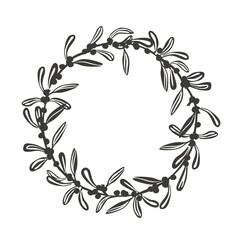 Christmas wreath with mistletoe branches, black outline silhouette frame. Vector illustration isolated on white.