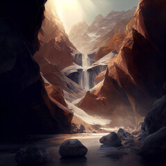 a painting of a waterfall in the mountains fantasy art