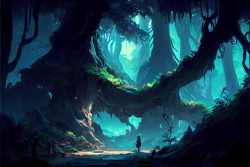 a man standing in the middle of a forest fantasy art