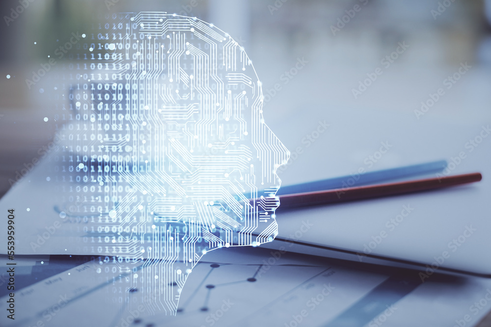 Poster Double exposure of desktop with computer and brain drawing hologram. Artificial intelligence concept.