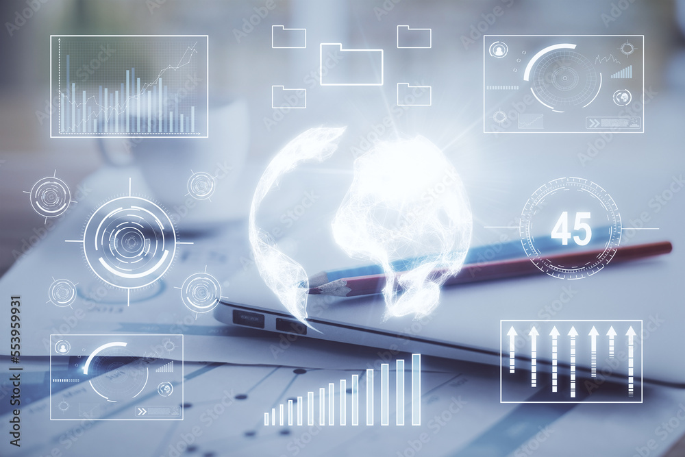 Poster forex graph hologram on table with computer background. double exposure. concept of financial market