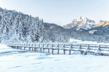 Fototapeta na wymiar Beautiful winter morning in Julian Aps in Slovenia