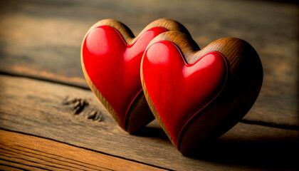 Fototapeta premium Valentine's Day Love wedding banner greeting card , two red hearts on wooden background,