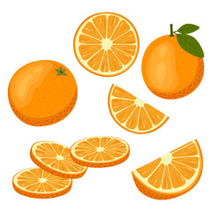 Vector illustration of a set of ripe fresh oranges, halves, pieces and slices of fruit. Fruit illustration in flat style isolated on white background.