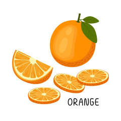 
Vector illustration of a set of ripe fresh orange, pieces and slices of fruit. Fruit illustration in flat style isolated on white background.