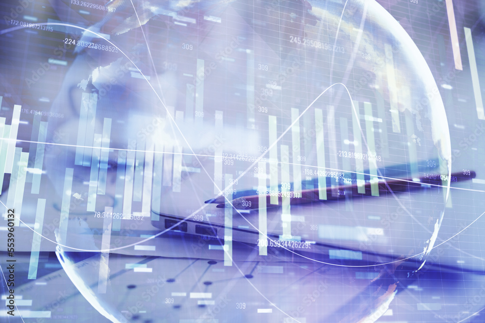 Aufkleber double exposure of business theme icons and work space with computer background. concept of success.