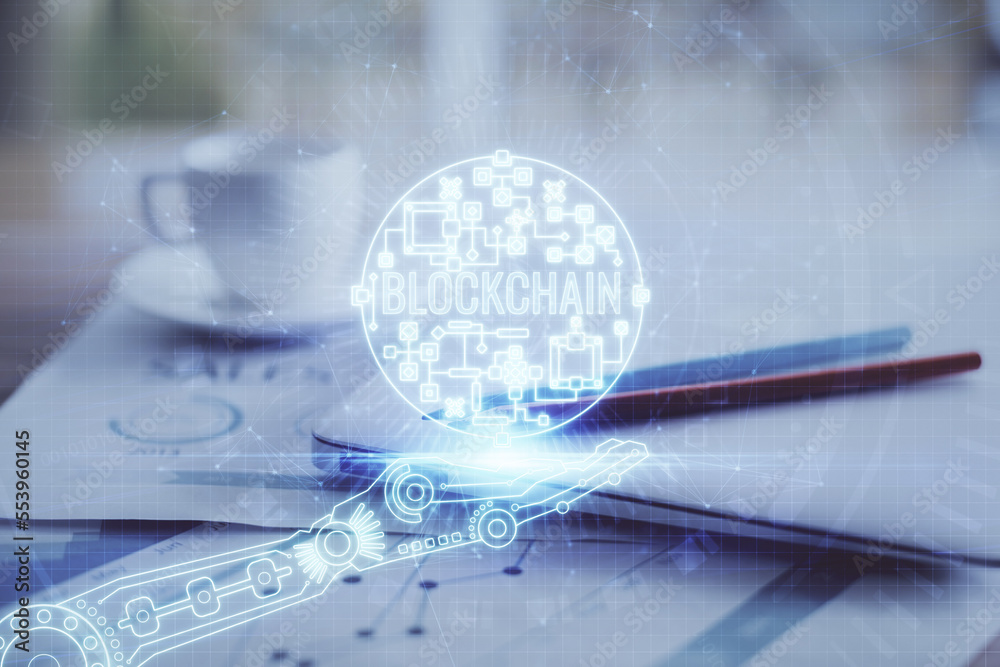 Poster Double exposure of blockchain and crypto economy theme hologram and table with computer background. Concept of bitcoin cryptocurrency.