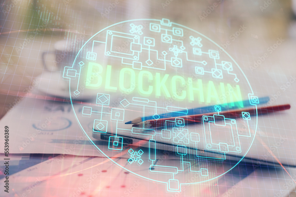Aufkleber Double exposure of blockchain and crypto economy theme hologram and table with computer background. Concept of bitcoin cryptocurrency.