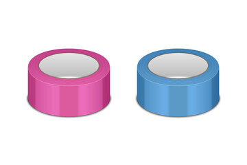 Vector 3d Realistic Glossy Pink and Blue Tape Roll Icon Set, Mock-up Closeup Isolated on White Background. Design Template of Packaging Sticky Tape Roll or Adhesive Tape for Mockup. Front View