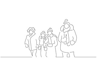 Fototapeta na wymiar Group of people enjoying snow line art drawing style. Composition of a winter scene. Black linear sketch isolated on white background. Vector illustration design.